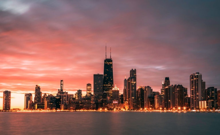 Sunset over the city skyline near the Optiver Chicago office